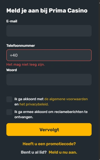 Prima Casino registreren formulier 2026 – aanmelden bij Prima Casino online casino