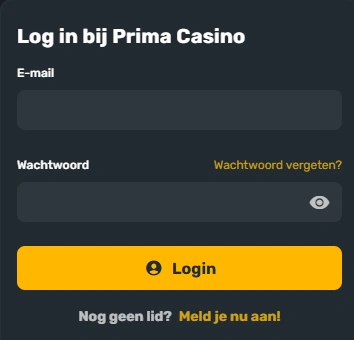 Prima Casino inloggen scherm – e-mail en wachtwoord invullen bij Prima Casino
